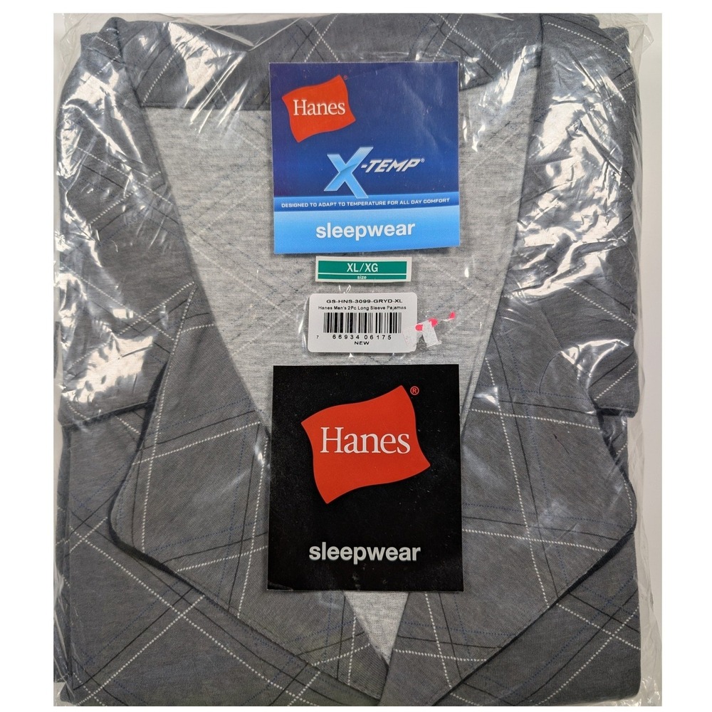 Hanes X-Temp Mens 2Pc Long Sleeve Pajamas Set Gray Plaid XL GS-HNS-3099-GRYD-XL